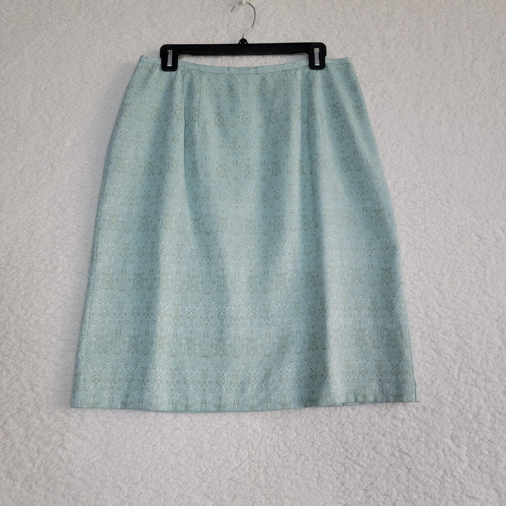 Norton McNaughton Skirt Women 12 Green Damask Brocade Knee Length Pencil Vent